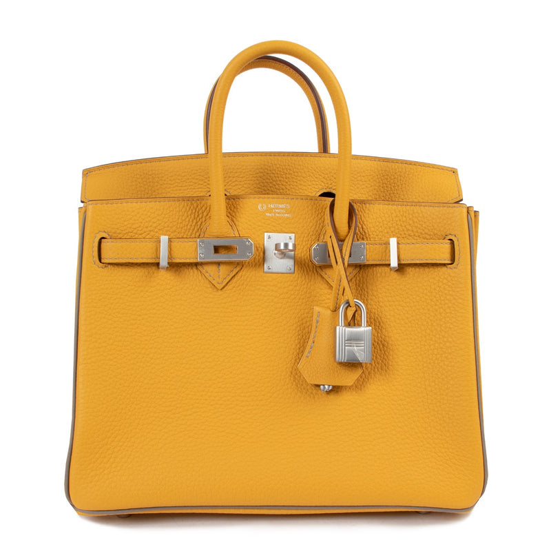 Buy authentic second hand luxury handbag Hermès Birkin 25 HSS Togo Jaune Ambre/Gris Asphalte at Labellov