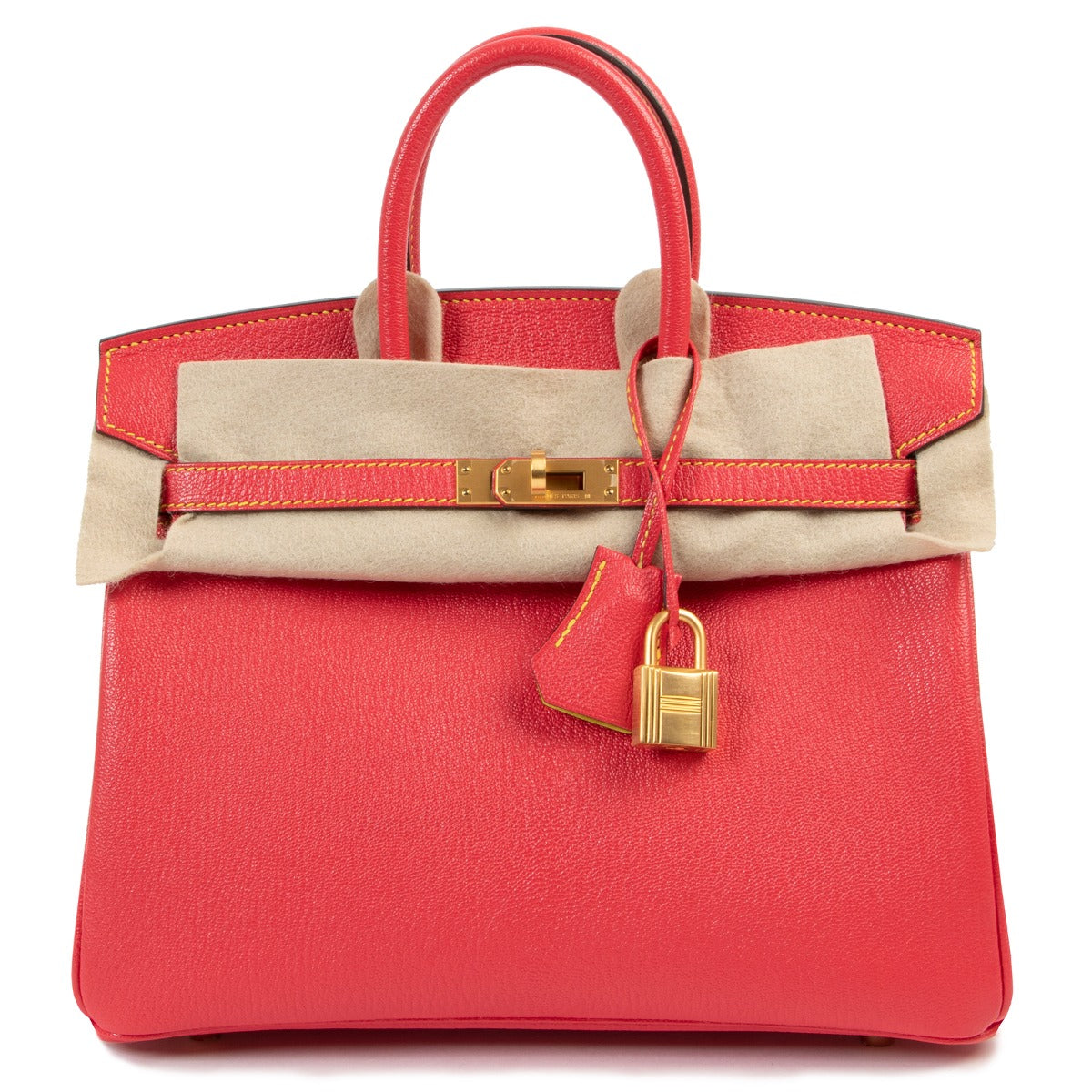 Shop authentic second hand luxury designer Hermès Birkin 25 Horseshoe Lime/Bougainvillier Chevre Mysore GHW at Labellov.