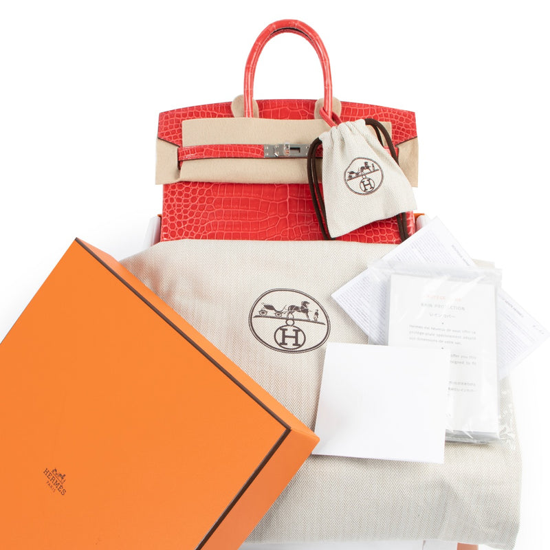 Skip the waiting list buy an 100% authentic second hand brand new Hermès Birkin 25 Bougainvillier Crocodile Porosus Lisse PHW never worn at Labellov