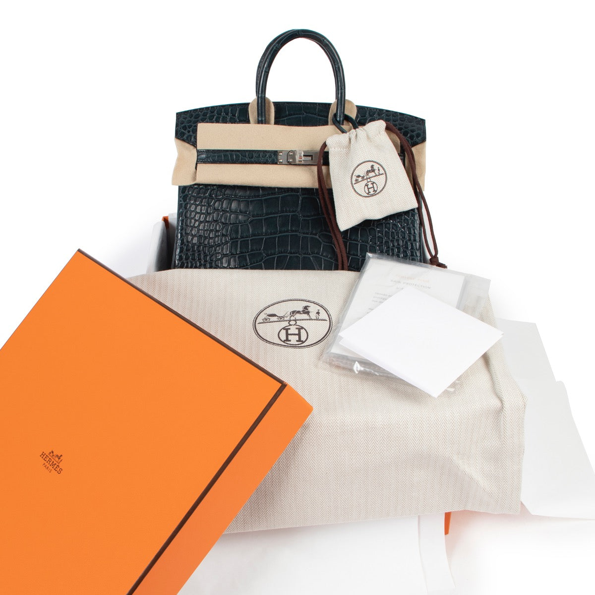 shop safe online brand new Hermès Birkin 25 Vert Rousseau Alligator Mississippi GHW