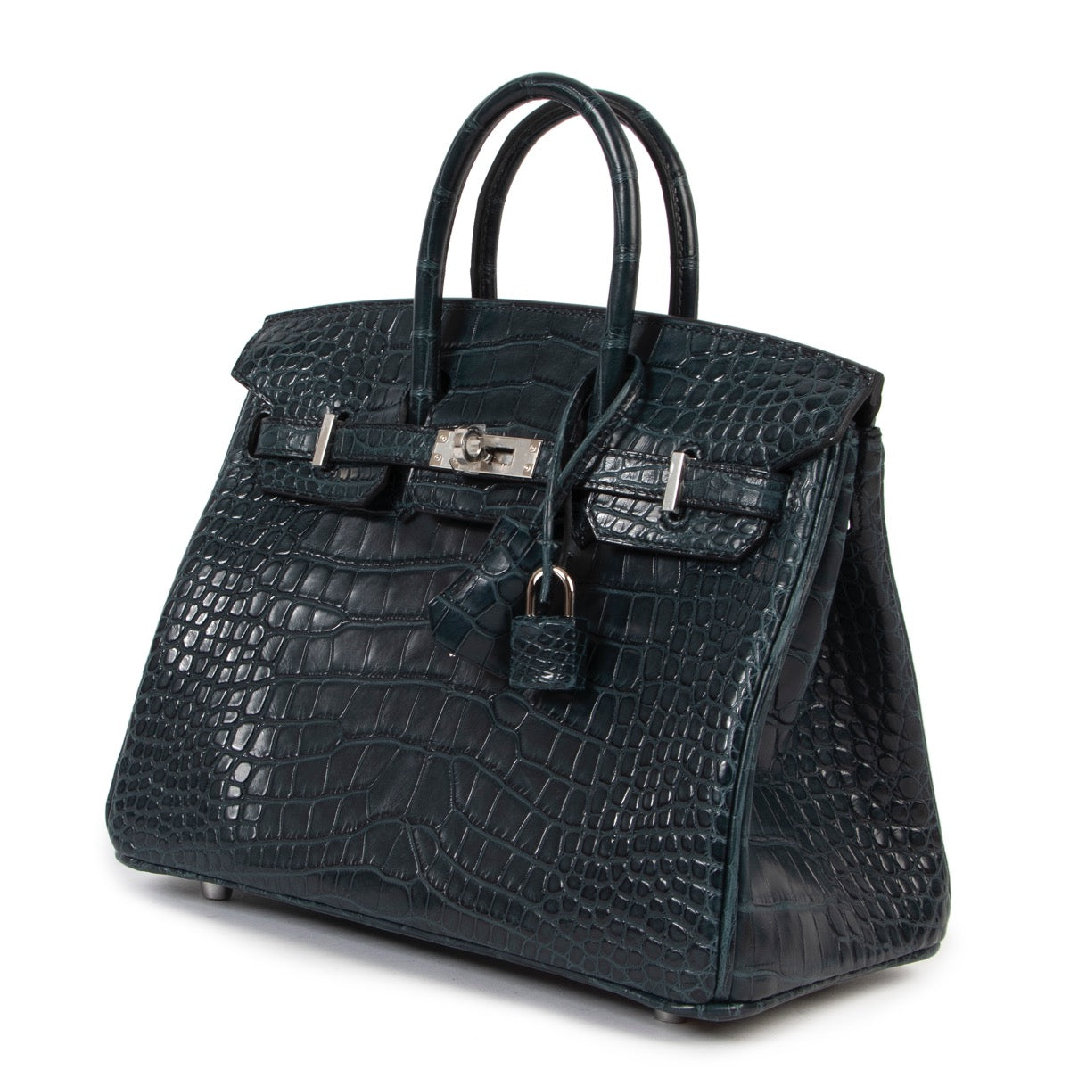 full set , brand new authentic Hermès Birkin 25 Vert Rousseau Alligator Mississippi GHW