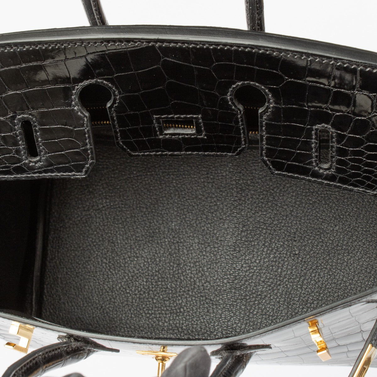 Hermès Birkin 25 Zwart Glanzend Krokodil Niloticus GHW
