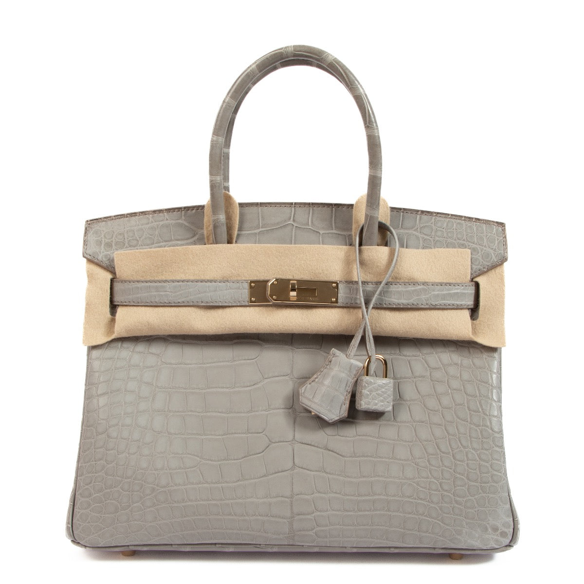 Shop safe online at Labellov at Labellov in Antwerp, Brussels and Knokke this 100% authentic second hand Hermès HSS Birkin 30 Gris Perle Alligator PBHW