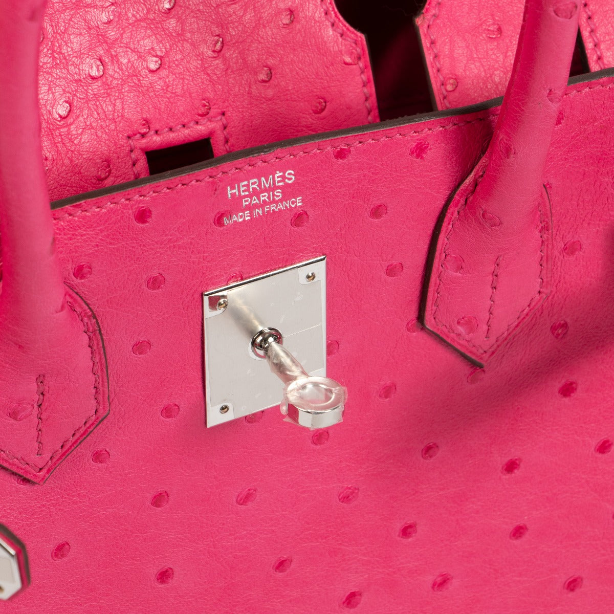 Hermes Birin 30 rose tyrien autruche logo stamp detail