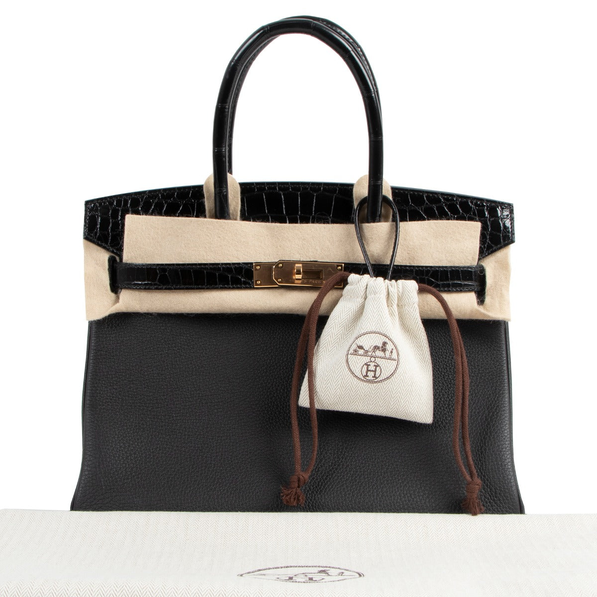 Hermès Birkin Touch 30 Zwart Togo/Glanzend Krokodil Niloticus Roségoud HW