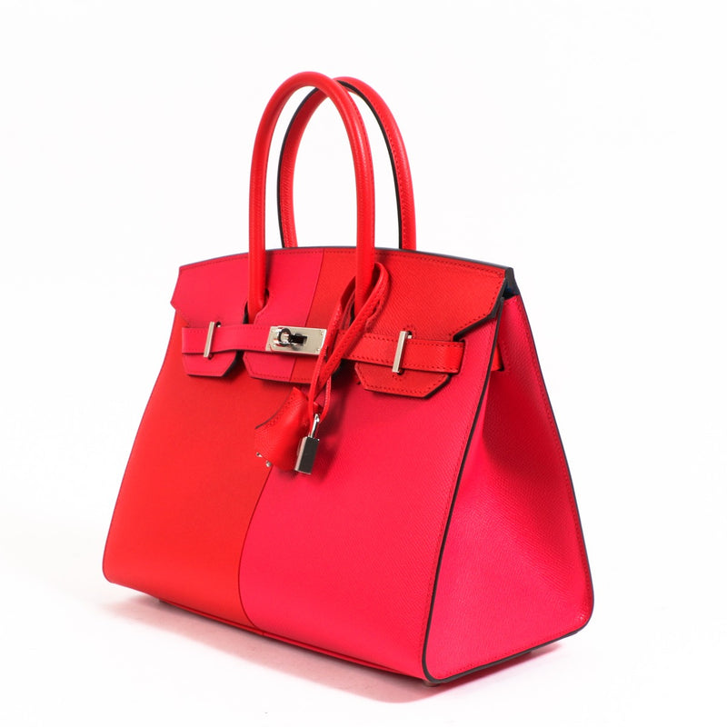 Authentic second hand brand new designer Hermès Birkin 30 Casaque Rouge Coeur/Rose Extreme/Bleu Zanzibar Epsom on www.labellov.com