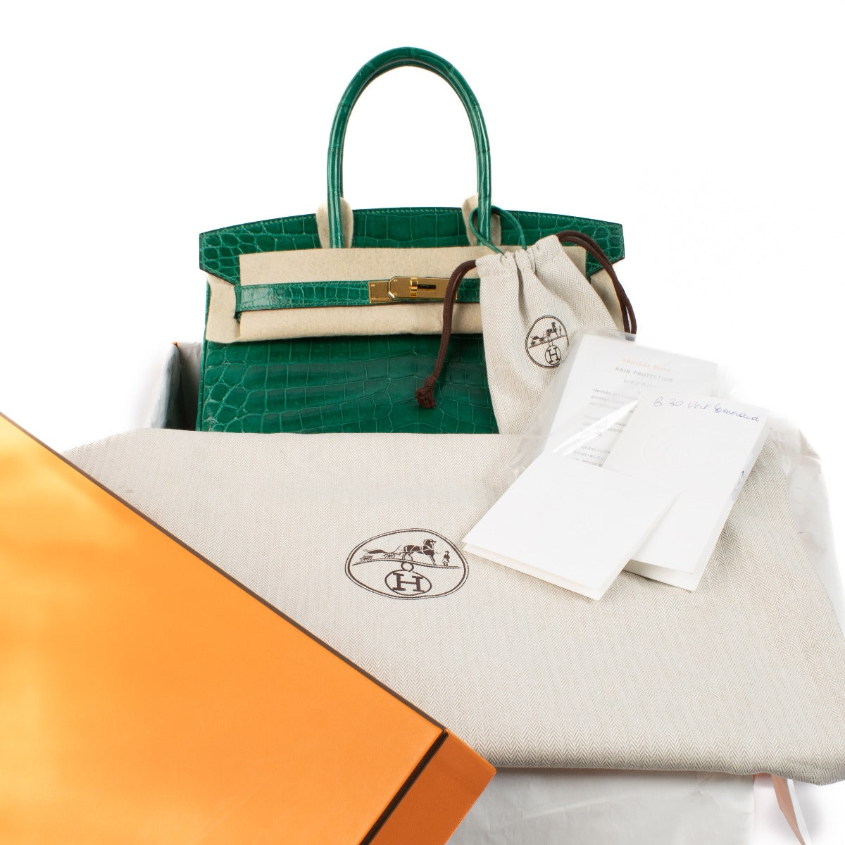 Authentic second hand Hermès Birkin 30 Vert Emeraude Emerald Green Shiny Niloticus Crocodile Lisse on www.labellov.com