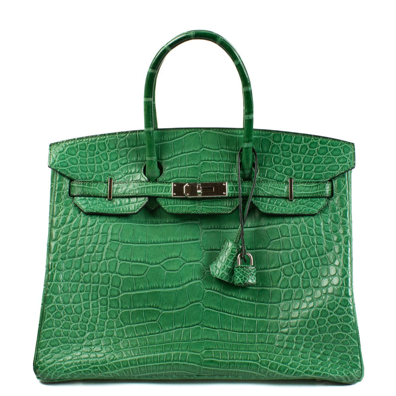 Authentic second hand vintage luxury designer Hermès Birkin 35 Cactus Matte Alligator Mississippiensis Palladium Hardware on www.labellov.com