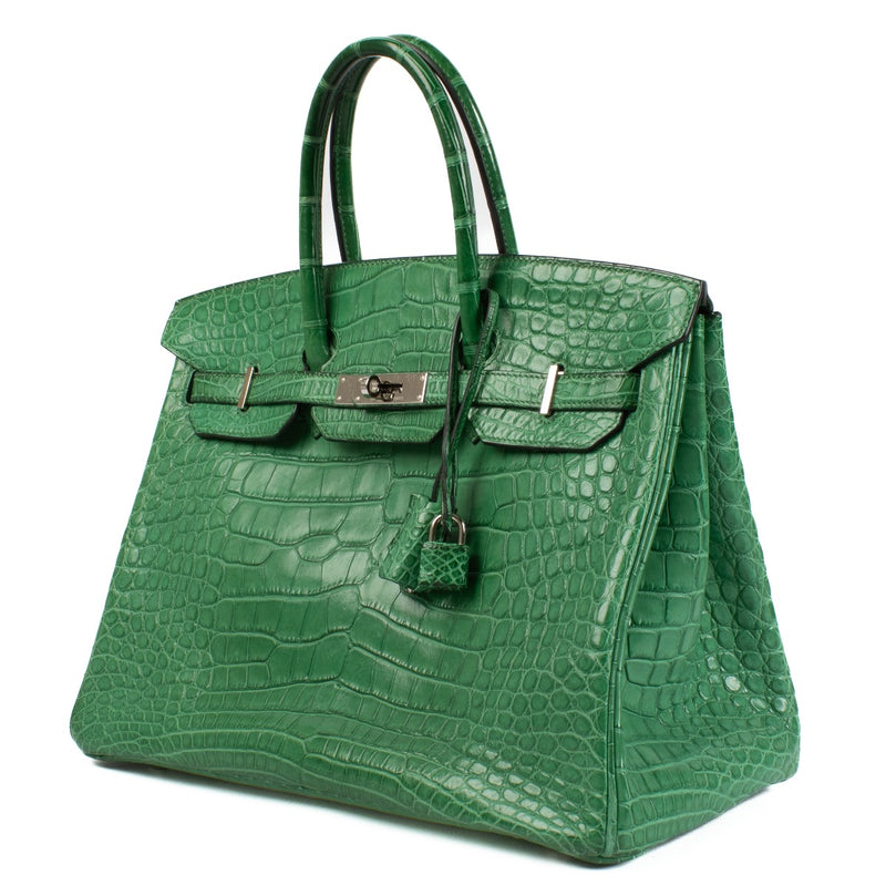 Authentic second hand vintage luxury designer Hermès Birkin 35 Cactus Matte Alligator Mississippiensis Palladium Hardware on www.labellov.com