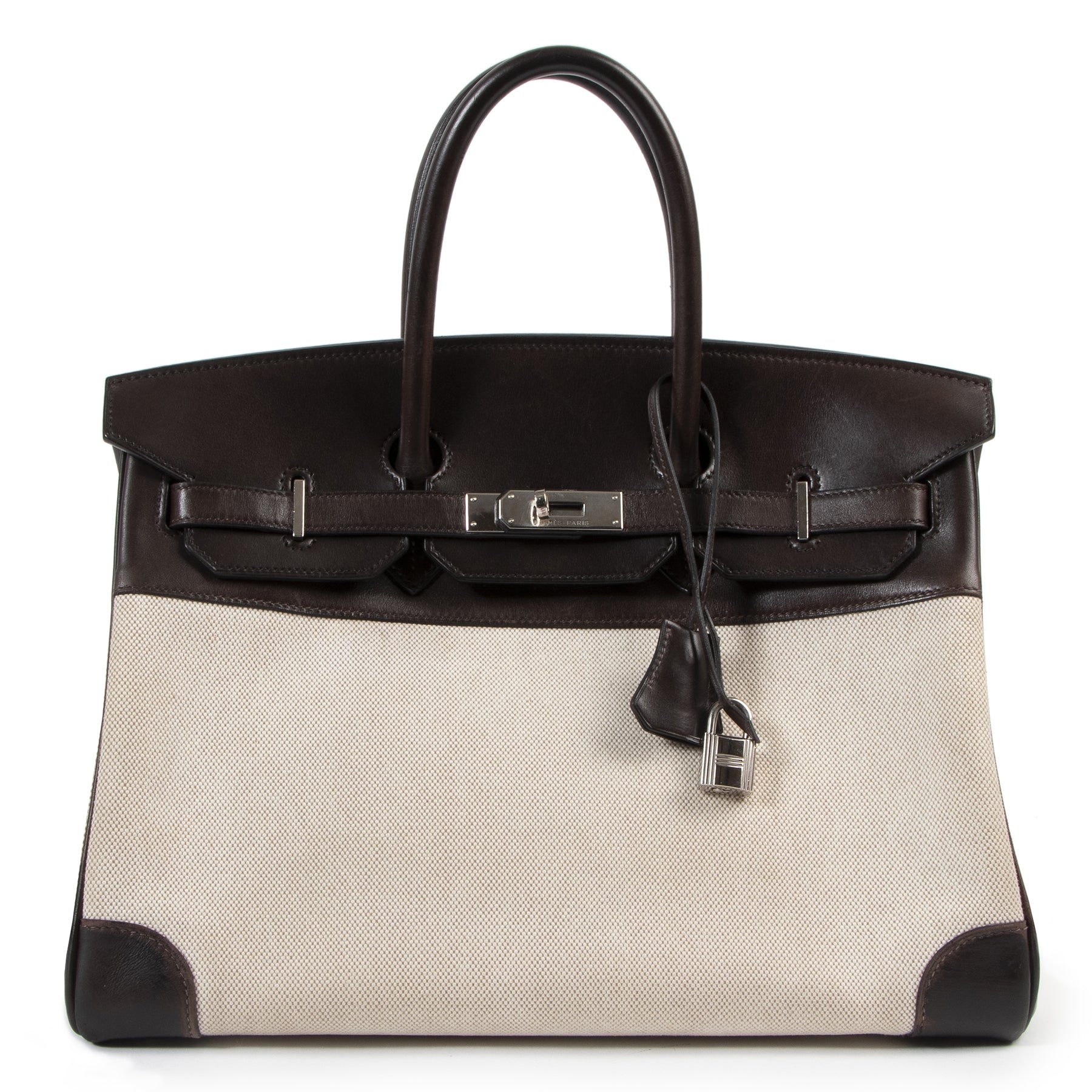 Hermès Birkin 35 Toile and Chocolate Brown Leather PHW for the best price at Labellov secondhand