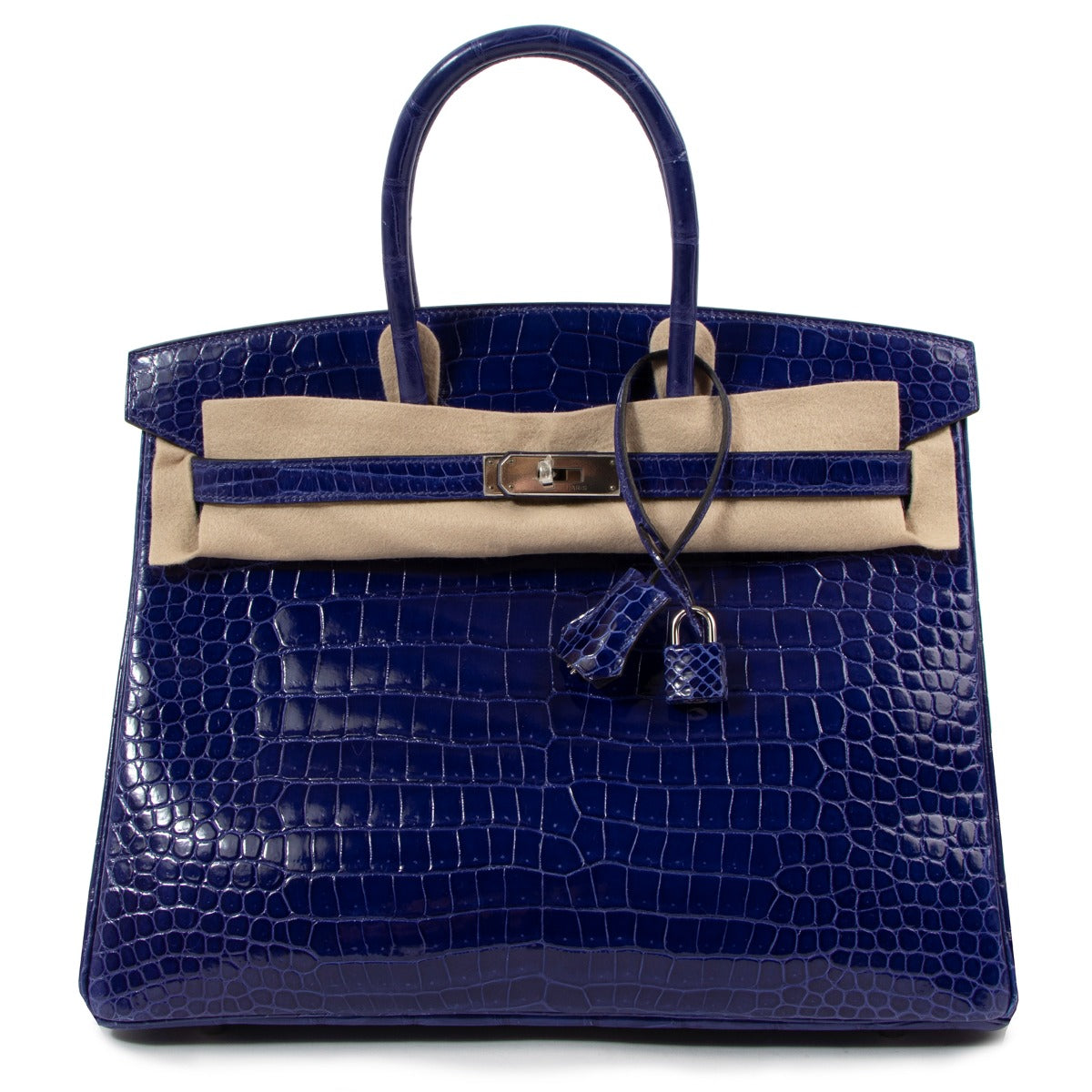 Authentic second hand luxury designer Hermès Birkin 35 Bleu Electrique Shiny Crocodile Porosus Lisse Palladium Hardware on labellov.com