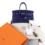 buy and sell safe online Hermès Birkin 35 Blue Electrique Crocodile Porosus PHW at labellov.com