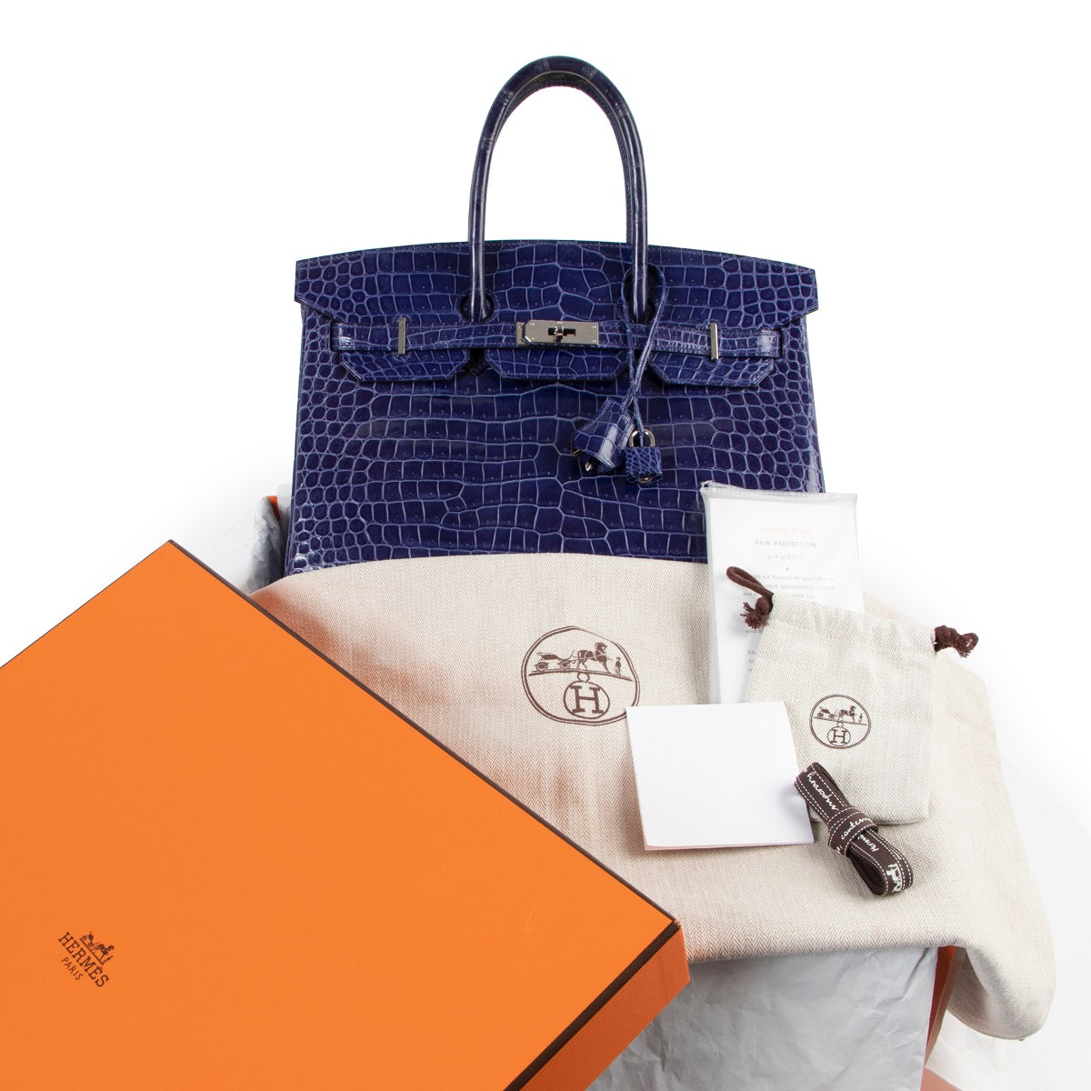 buy and sell safe online Hermès Birkin 35 Blue Electrique Crocodile Porosus PHW at labellov.com