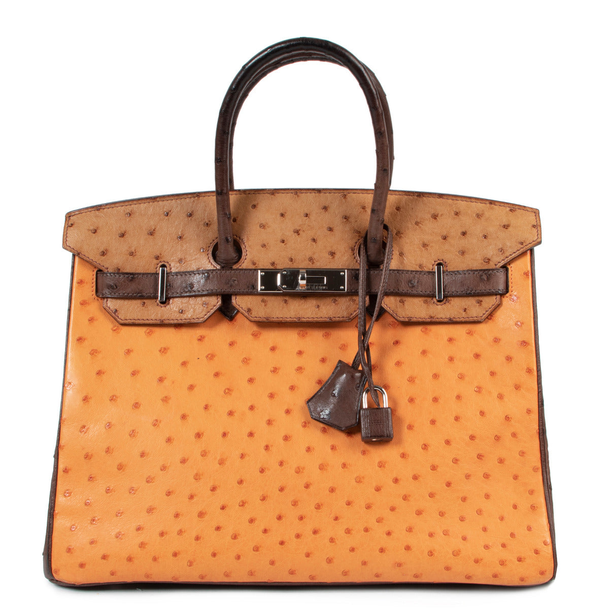 Hermès Birkin 35 Tricolore Autruche Doublure Chevre Pigmente PHW for the best price at Labellov secondhand luxury in Antwerp Belgium. Highly exclusive and authentic designer bags.