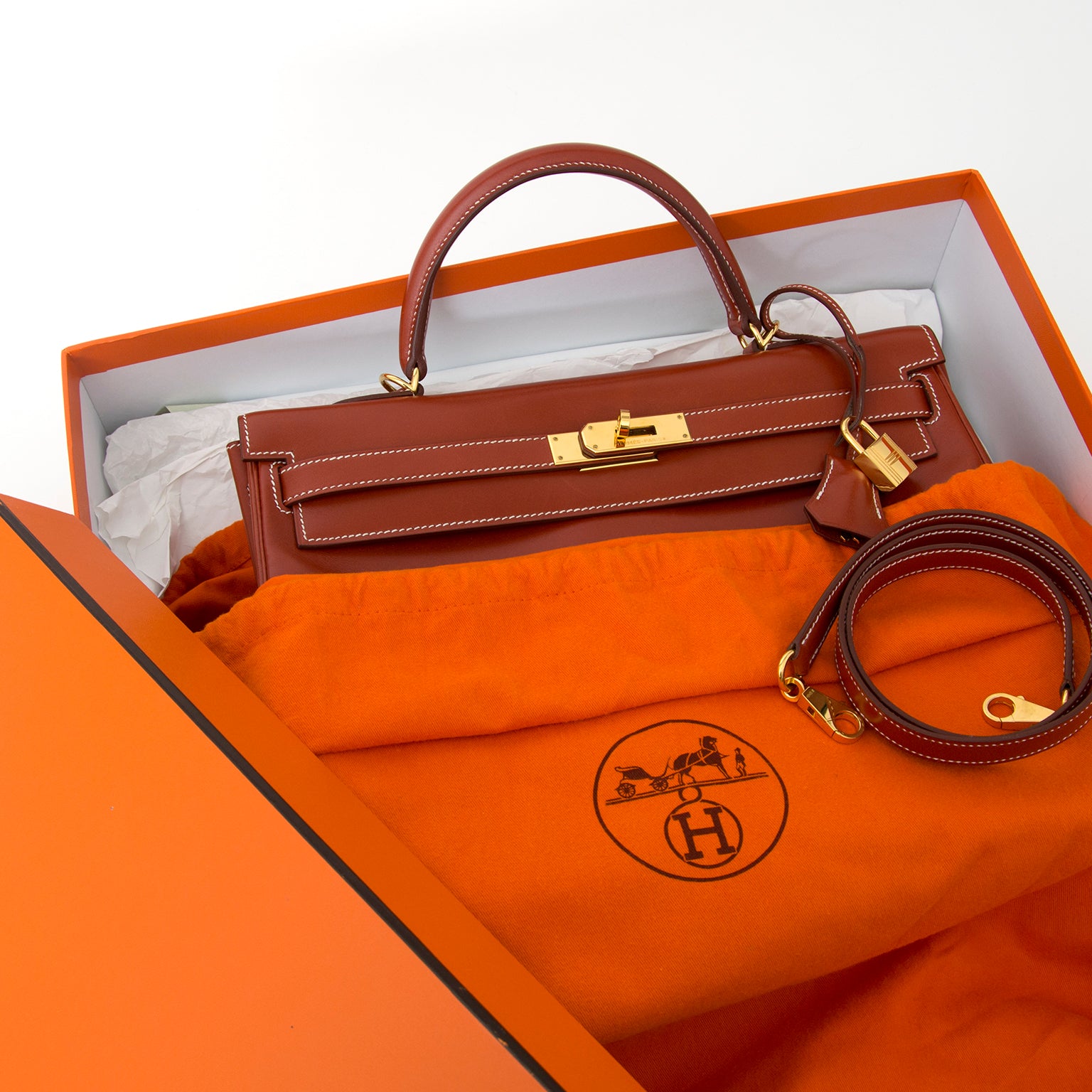 acheter en ligne pour le meilleur prix sac a main seconde main Hermès Kelly Brique Box Calf 35 GHW