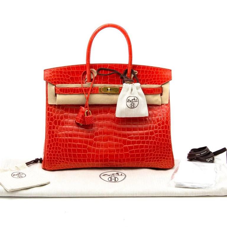 shop safe online 100% authentic Brand New Hermes Birkin 35 Orange Poppy Porosus Lisse worldiwde shipping