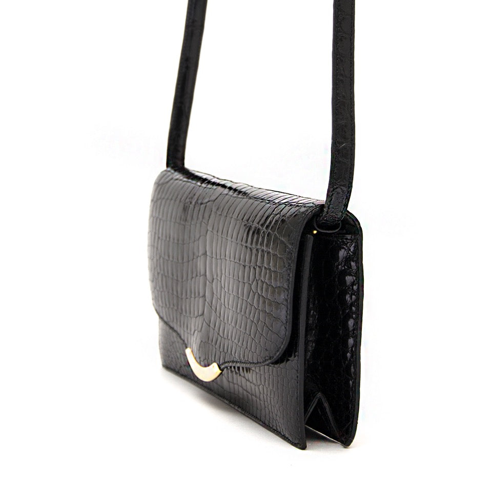 worldwide shipping seconhand luxury rare Hermes Black Croco Shoulder Bag