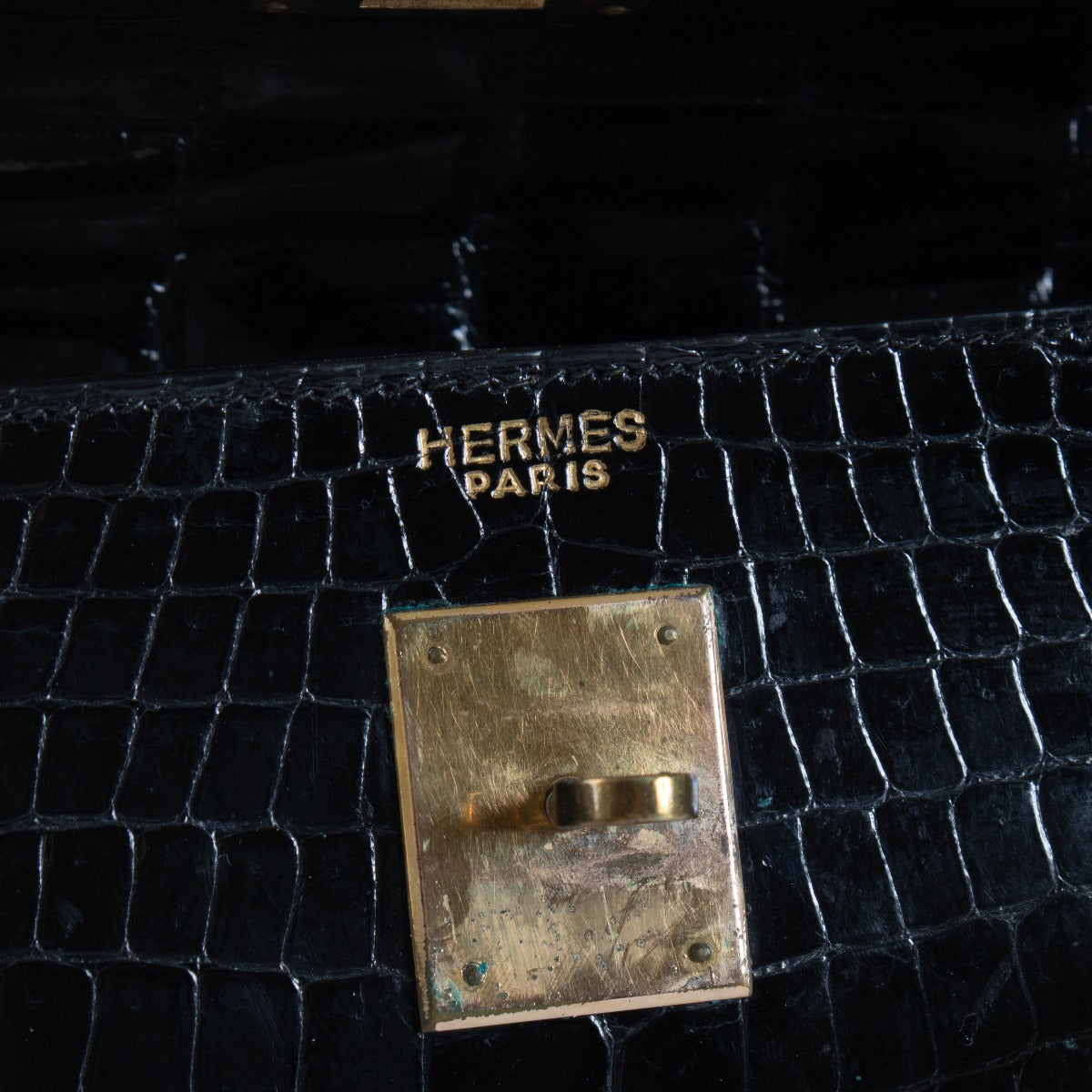 Hermès Vintage Kelly 32 Black Shiny Crocodile GHW