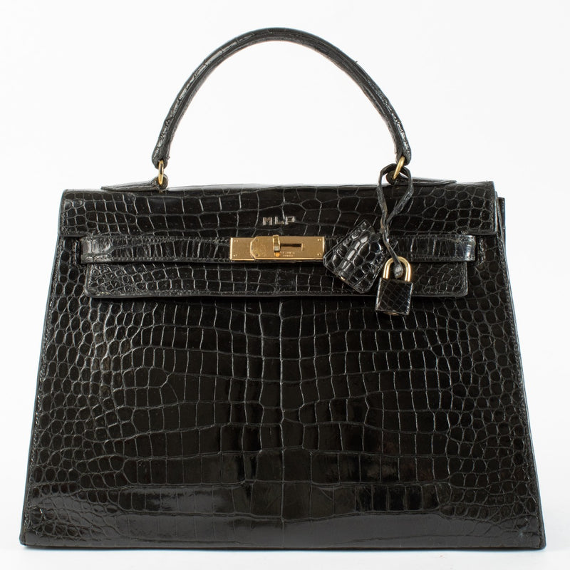 Hermès Vintage Kelly 32 Black Shiny Crocodile GHW