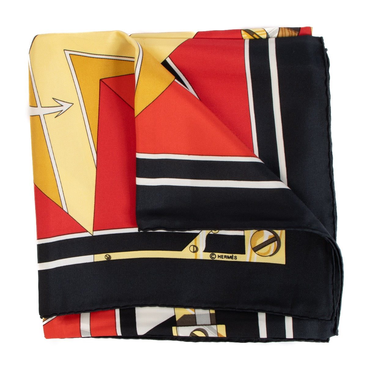Shop safe online at Labellov in Antwerp, Knokke and Brussels this 100% authentic second hand Hermès Black and Red Sextants Silk Scarf