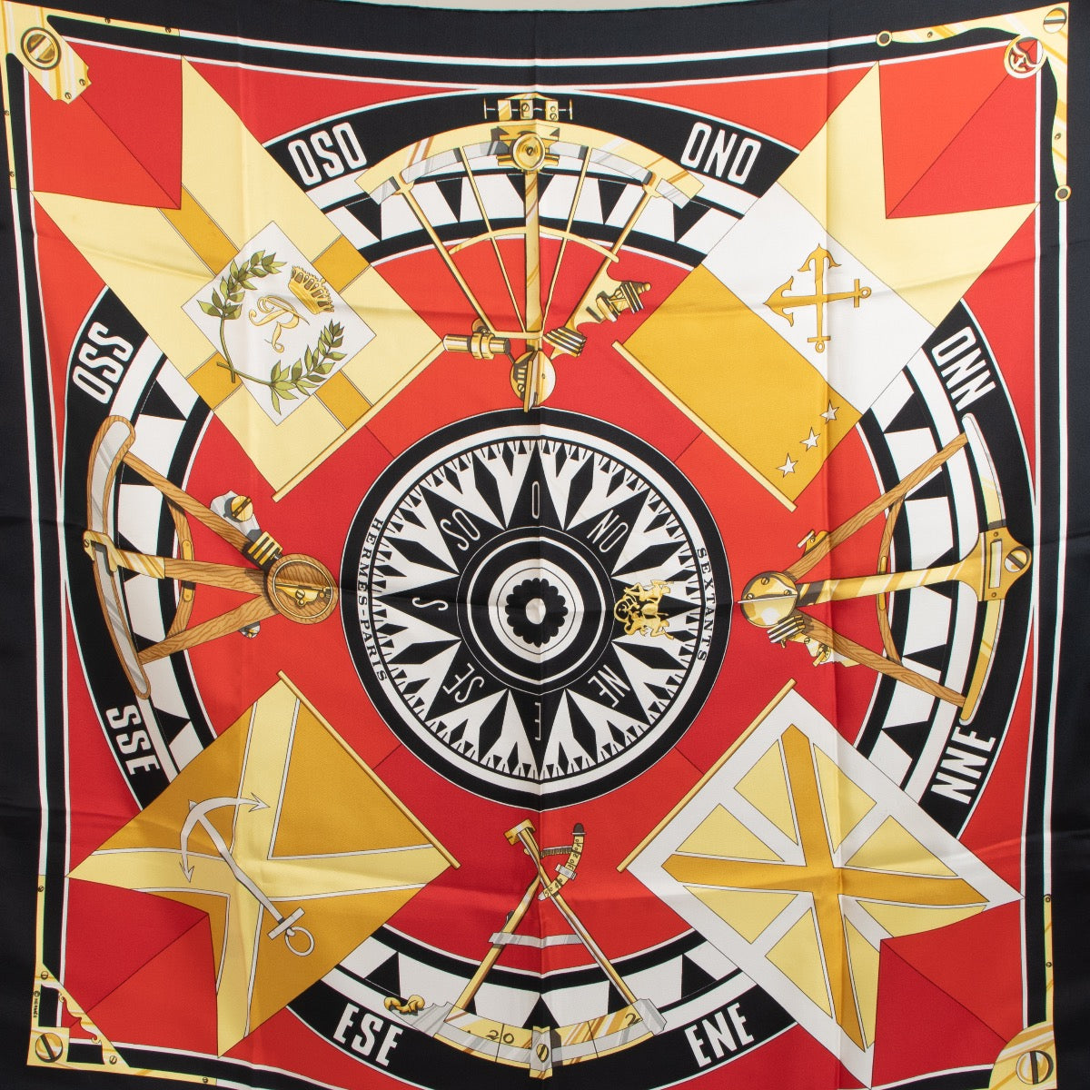 Shop safe online at Labellov in Antwerp, Knokke and Brussels this 100% authentic second hand Hermès Black and Red Sextants Silk Scarf