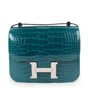 Shop authentic second hand luxury designer Hermès Constance 22 Vert Bosphore Alligator Lisse PHW at Labellov.
