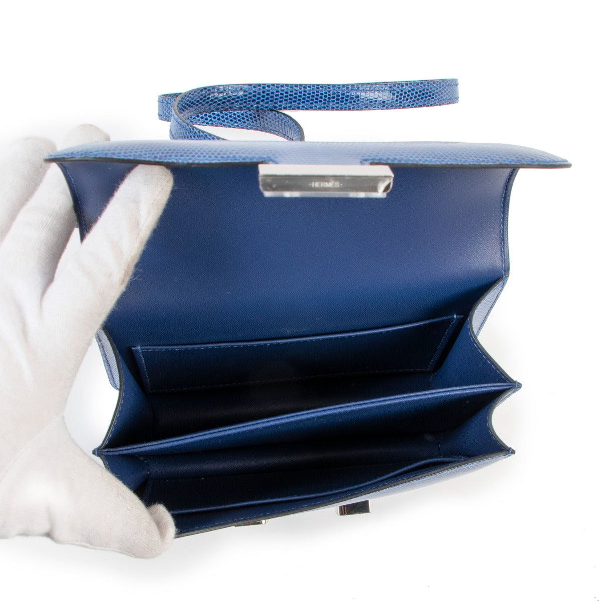 Buy authentic second hand luxury designer Hermès Constance Mini Bleu Saphir Lizard Niloticus Lisse PHW at Labellov.