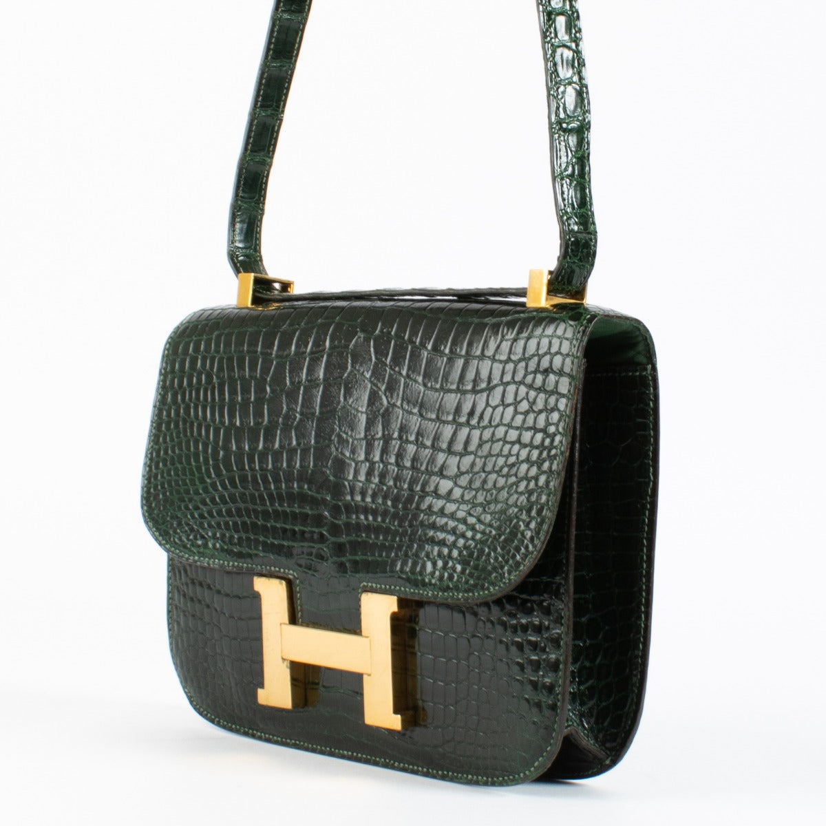 Hermès Vintage Constance 23 Vert Fonce Glanzend Krokodil Porosus GHW