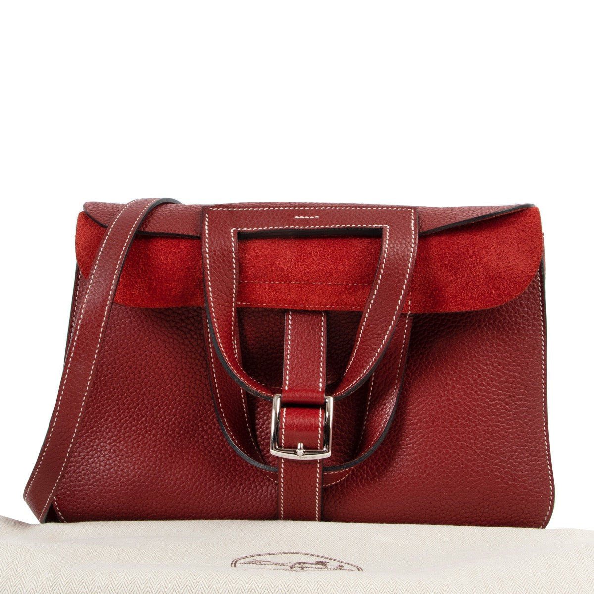 shop online authentic second hand luxury designer Hermès Halzan 31 Rouge H Taurillon Clemence PHW at Labellov
