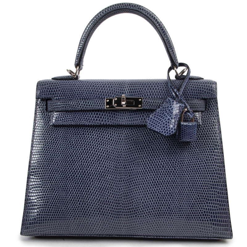 authentic Hermès Blue Brighton Lizard Kelly 25 PHW + strap online Labellov your secondhand designer bags