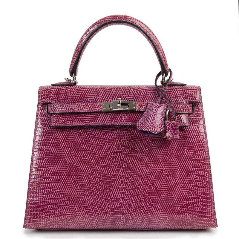shop safe online Hermes Kelly Violet Lizard Sellier 25 PHW. 100% authentic Hermes Kelly Violet Lizard Sellier 25cm PHW online for the best price. Very hard to find exclusive Hermes Kelly Violet Lizard Sellier 25 PHW
