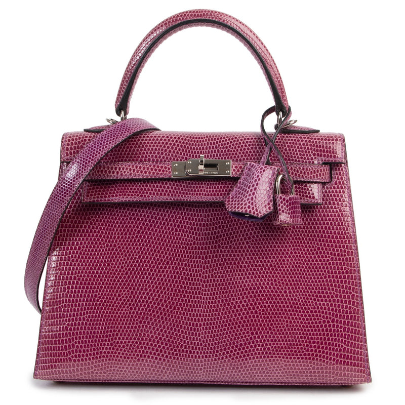 secondhand luxury bag Hermes Kelly Violet Lizard Sellier 25 PHW
