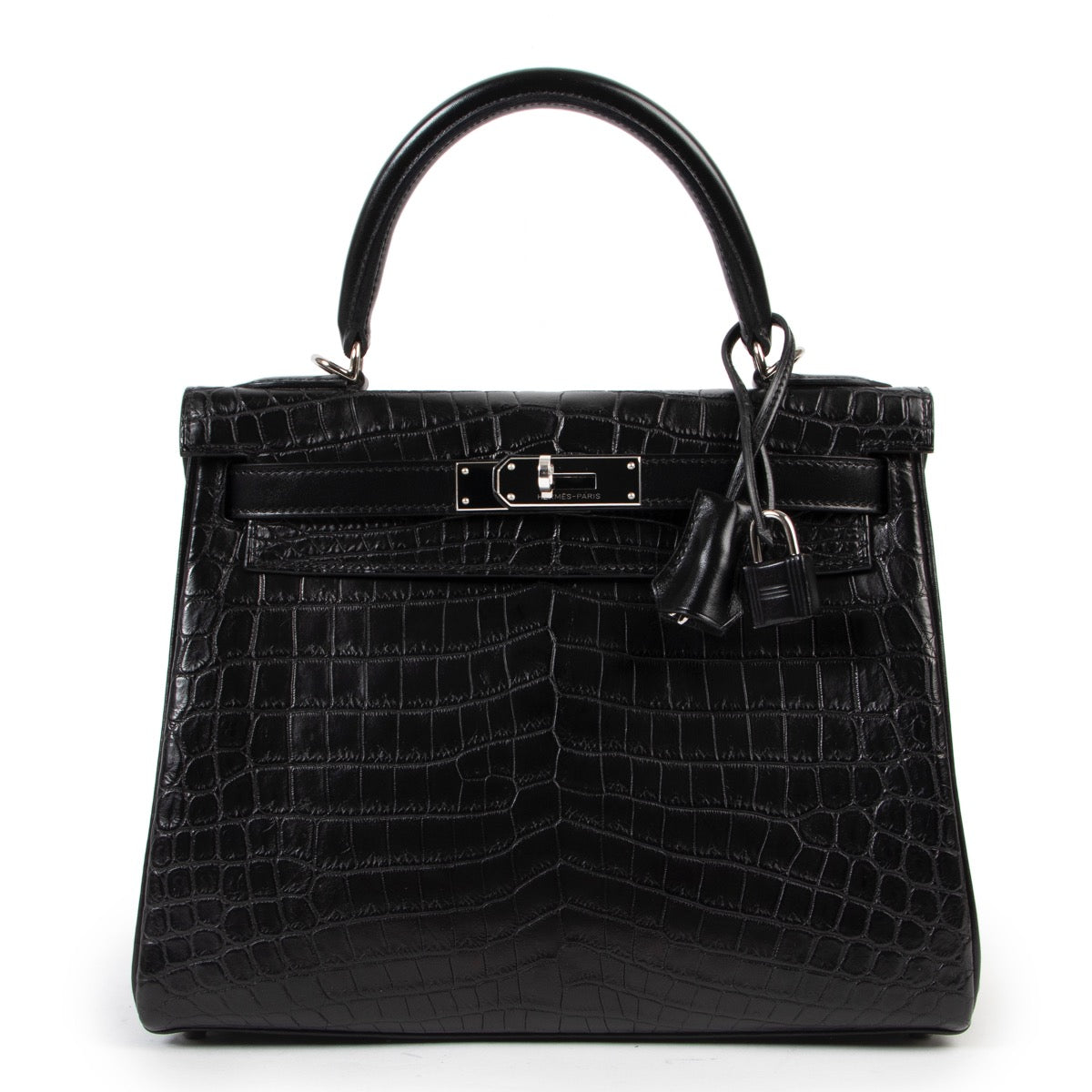 Shop safe online 100% authentic second hand Hermès Kelly 28 matte black crocodile niloticus box calf clemence leather in very excellent, as new condition at the right price at labellov in Antwerp.
