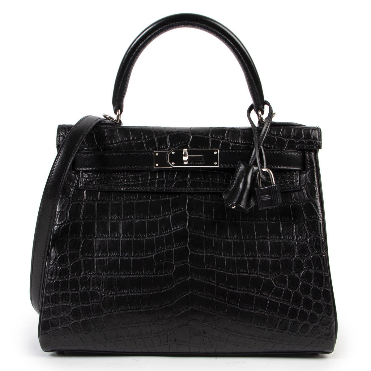 Shop safe online 100% authentic second hand Hermès Kelly 28 matte black crocodile niloticus box calf clemence leather in very excellent, as new condition at the right price at labellov in Antwerp.