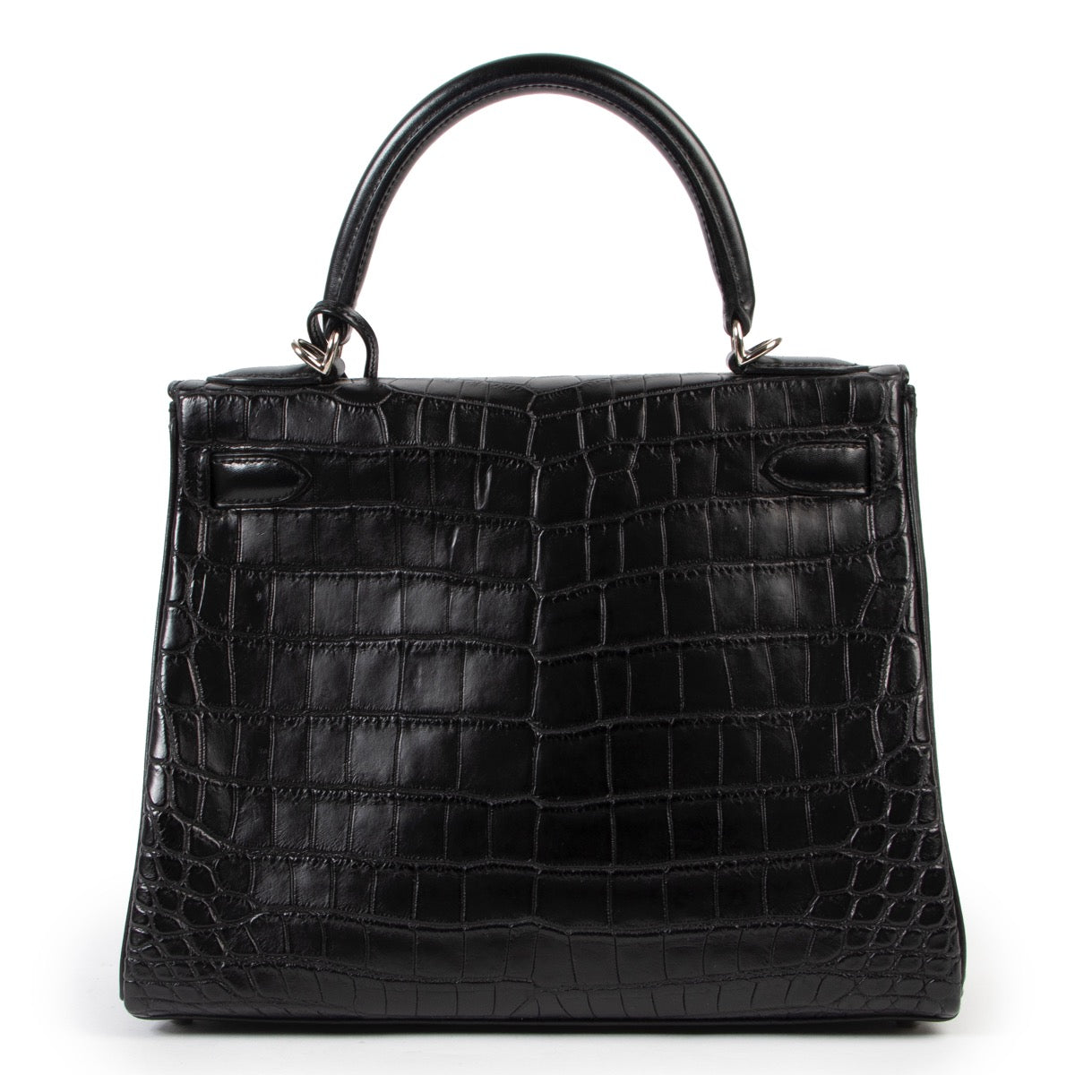 Shop safe online 100% authentic second hand Hermès Kelly 28 matte black crocodile niloticus box calf clemence leather in very excellent, as new condition at the right price at labellov in Antwerp.