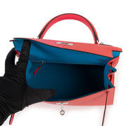 Hermès Kelly 28 Sellier Casaque Tri-Color Rouge Coeur Rose Extreme Bleu Zanzibar Epsom PHW for the best price at Labellov secondhand luxury in Antwerp Belgium