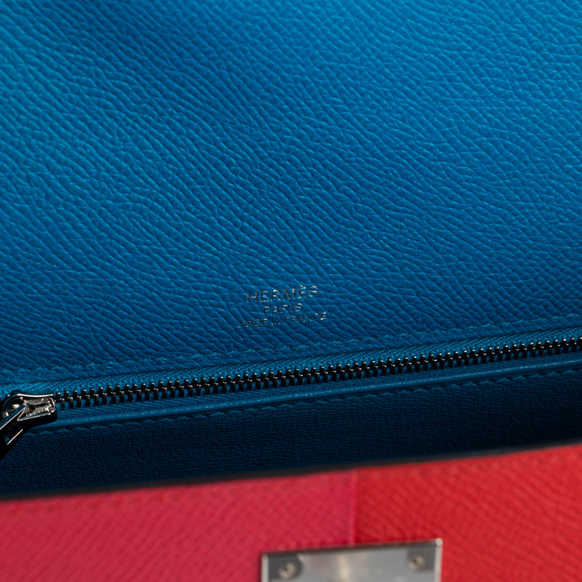 Hermès Kelly 28 Sellier Casaque Tricolore Rouge Coeur Rose Extrême Bleu Zanzibar Epsom Accastillage Palladium