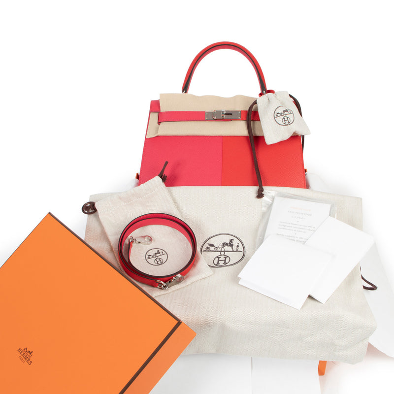 Hermès Kelly 28 Sellier Casaque Tri-Color Rouge Coeur Rose Extreme Bleu Zanzibar Epsom PHW for the best price at Labellov secondhand luxury in Antwerp Belgium