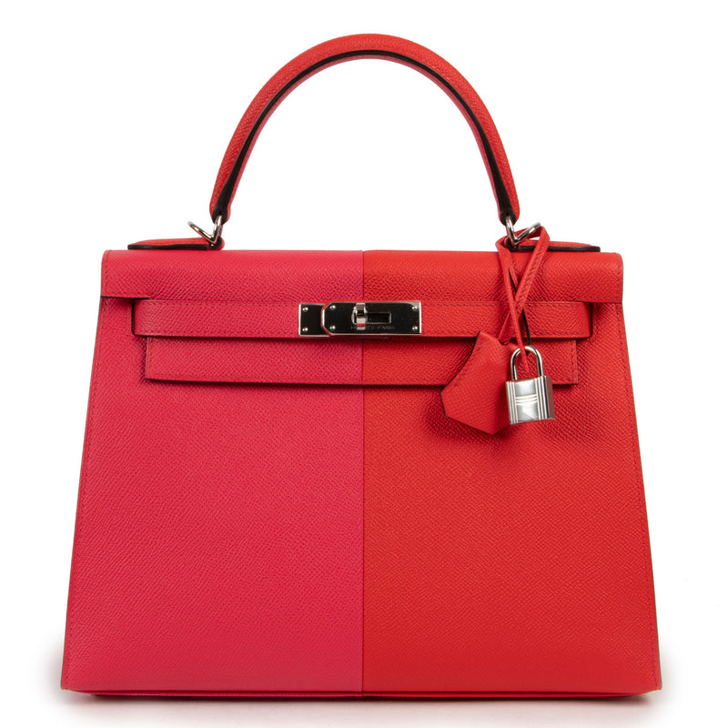 100% authentic preloved designer bags and brand new collector items such as this Hermès Kelly 28 Sellier Casaque Tri-Color Rouge Coeur Rose Extreme Bleu Zanzibar Epsom PHW