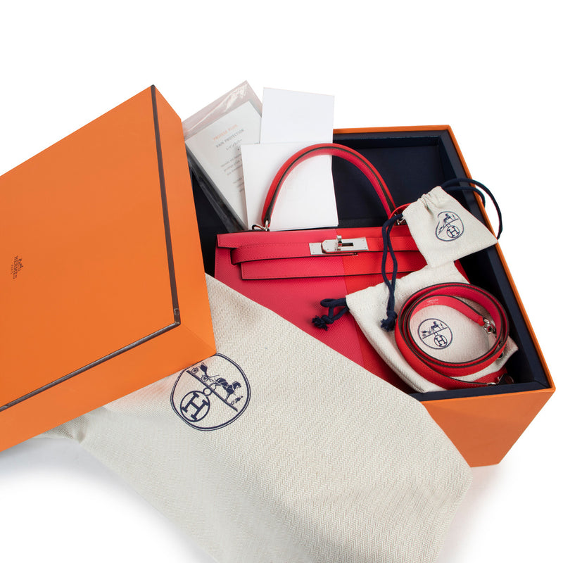 Hermès Kelly 28 Sellier Casaque Tri-Color Rouge Coeur Rose Extreme Bleu Zanzibar Epsom PHW for the best price exclusively available at Labellov secondhand luxury.