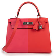 Hermès Kelly 28 Sellier Casaque Tri-Color Rouge Coeur Rose Extreme Bleu Zanzibar Epsom PHW aan de beste prijs bij Labellov tweedehands luxe in Antwerpen