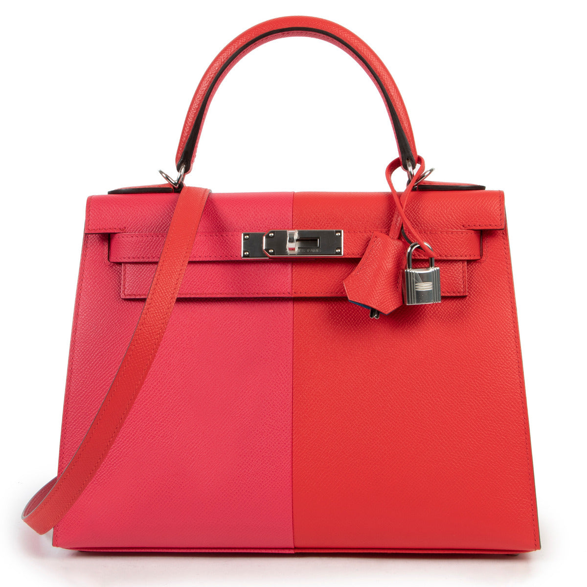 Hermès Kelly 28 Sellier Casaque Tri-Color Rouge Coeur Rose Extreme Bleu Zanzibar Epsom PHW aan de beste prijs bij Labellov tweedehands luxe in Antwerpen