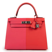 Hermès Kelly 28 Sellier Casaque Tri-Color Rouge Coeur Rose Extreme Bleu Zanzibar Epsom PHW for the best price at Labellov secondhand luxury