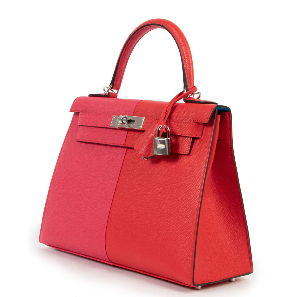 Hermès Kelly 28 Sellier Casaque Driekleurig Rouge Coeur Rose Extreme Bleu Zanzibar Epsom PHW