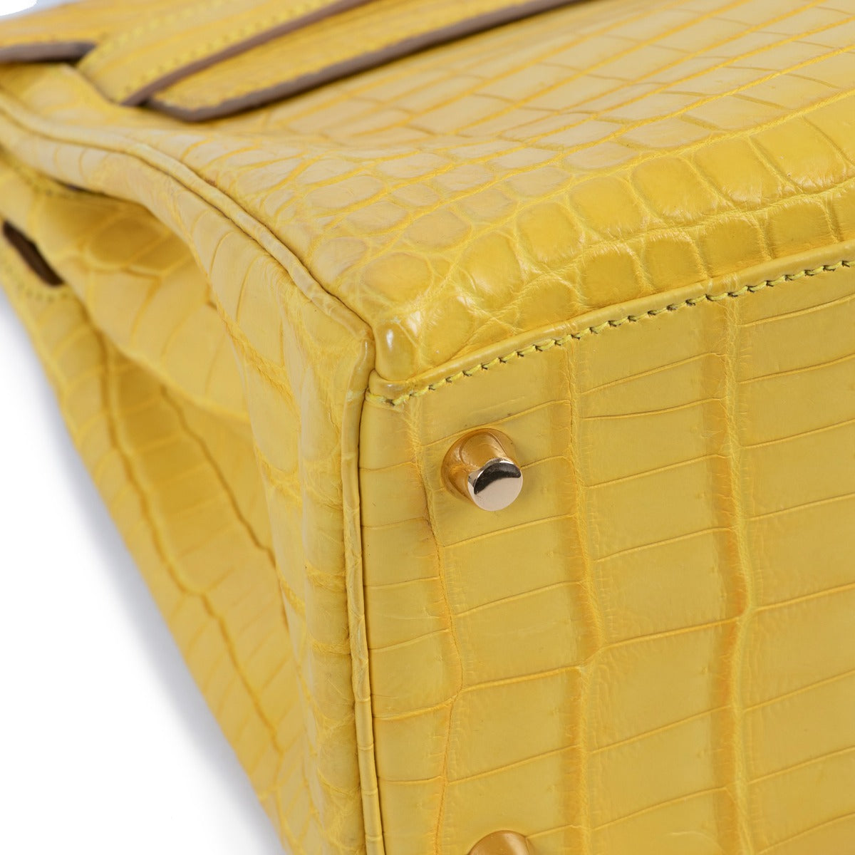 Second hand Hermès Kelly 28 Mimosa Yellow Crocodile Niloticus palladium hardware