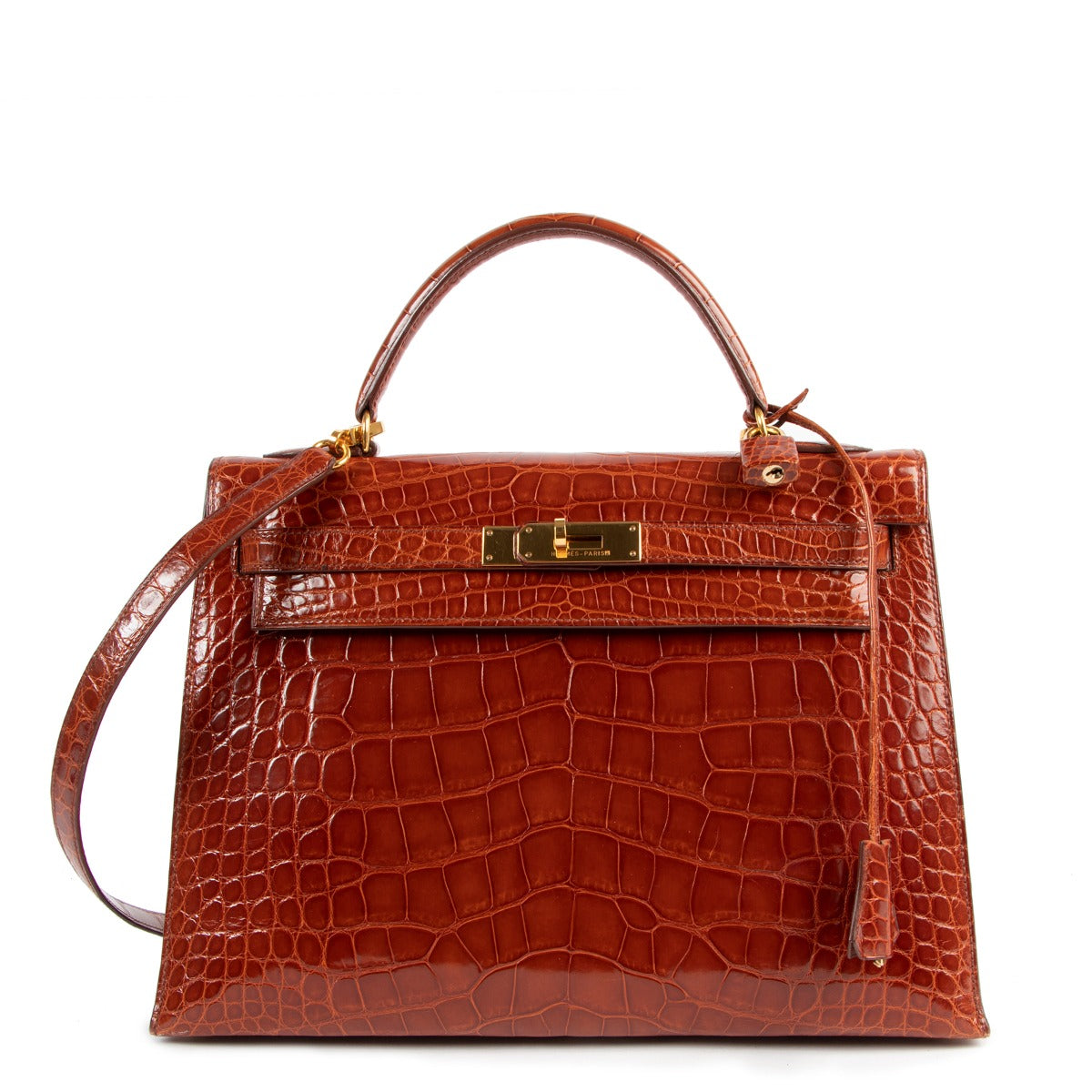 authentic second hand Hermès Kelly 32 Shiny Alligator Lisse Miel Gold Hardware At labellov