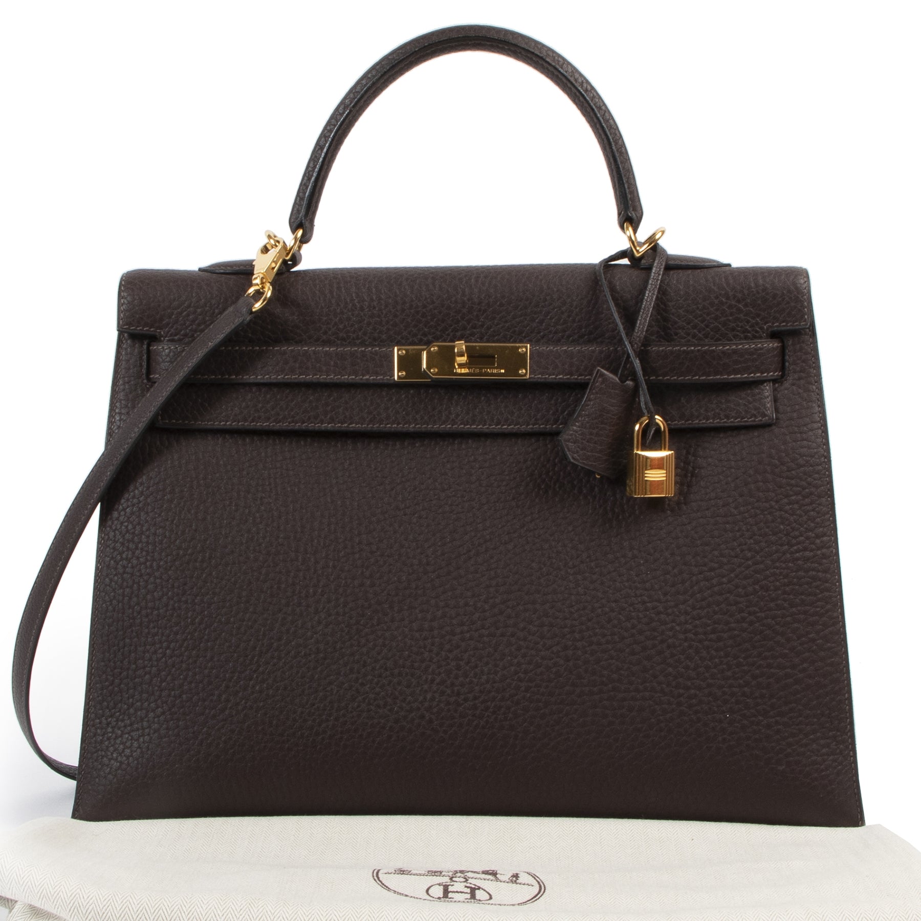 Hermès Kelly 35 Sellier Fjord Marron Fonce GHW te koop aan de beste prijs bij Labellov tweedehands luxe