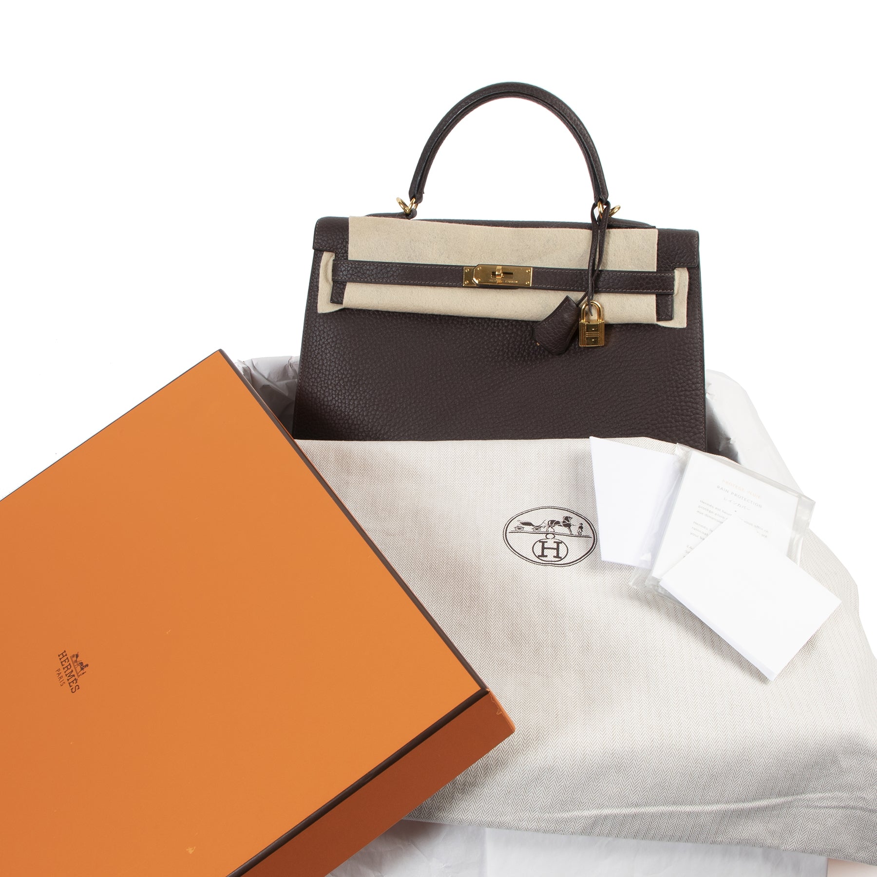 buy and sell your authentic designer Hermès Kelly 35 Sellier Fjord Marron Fonce GHW