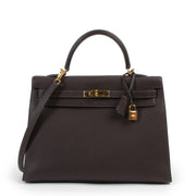 100% authentic Hermès Kelly 35 Sellier Fjord Marron Fonce GHW