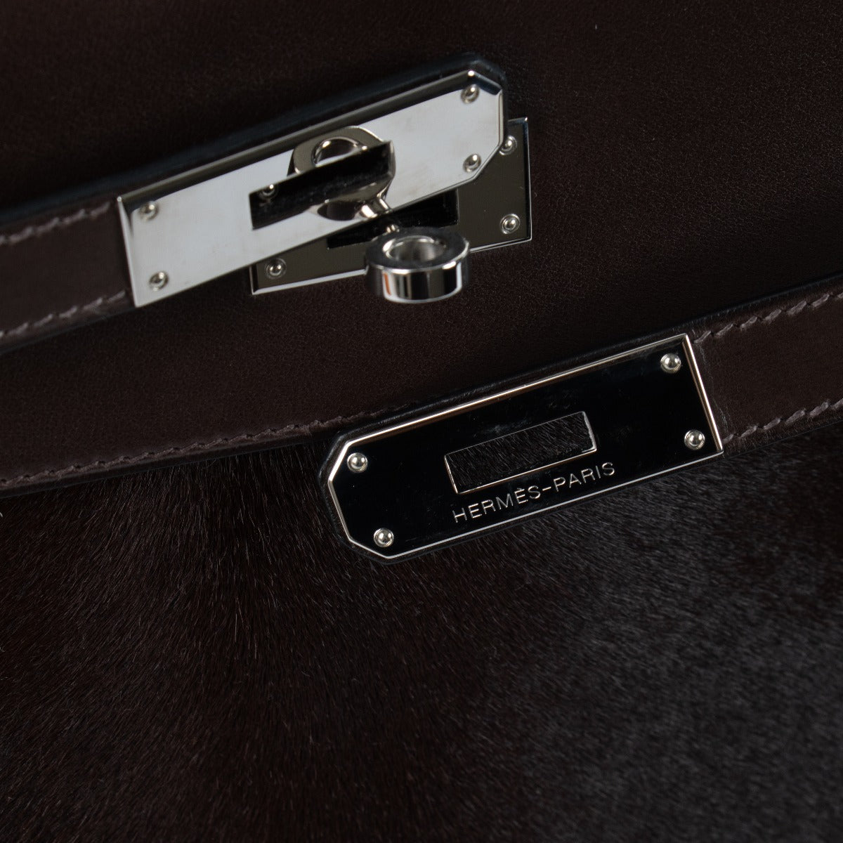 Hermès Kelly 35 Troika Cheveux de poney/veau Evercalf Ebene Métal palladié